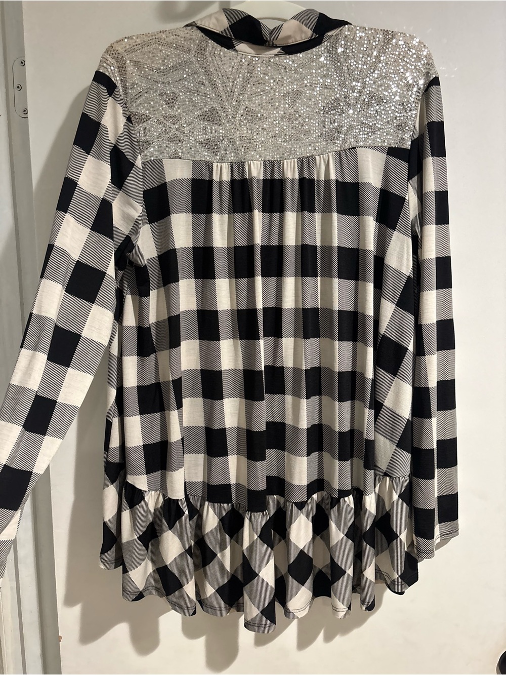 Sequin Shoulder Black & White Plaid Button-Up Shirt - Picture 3 of 4